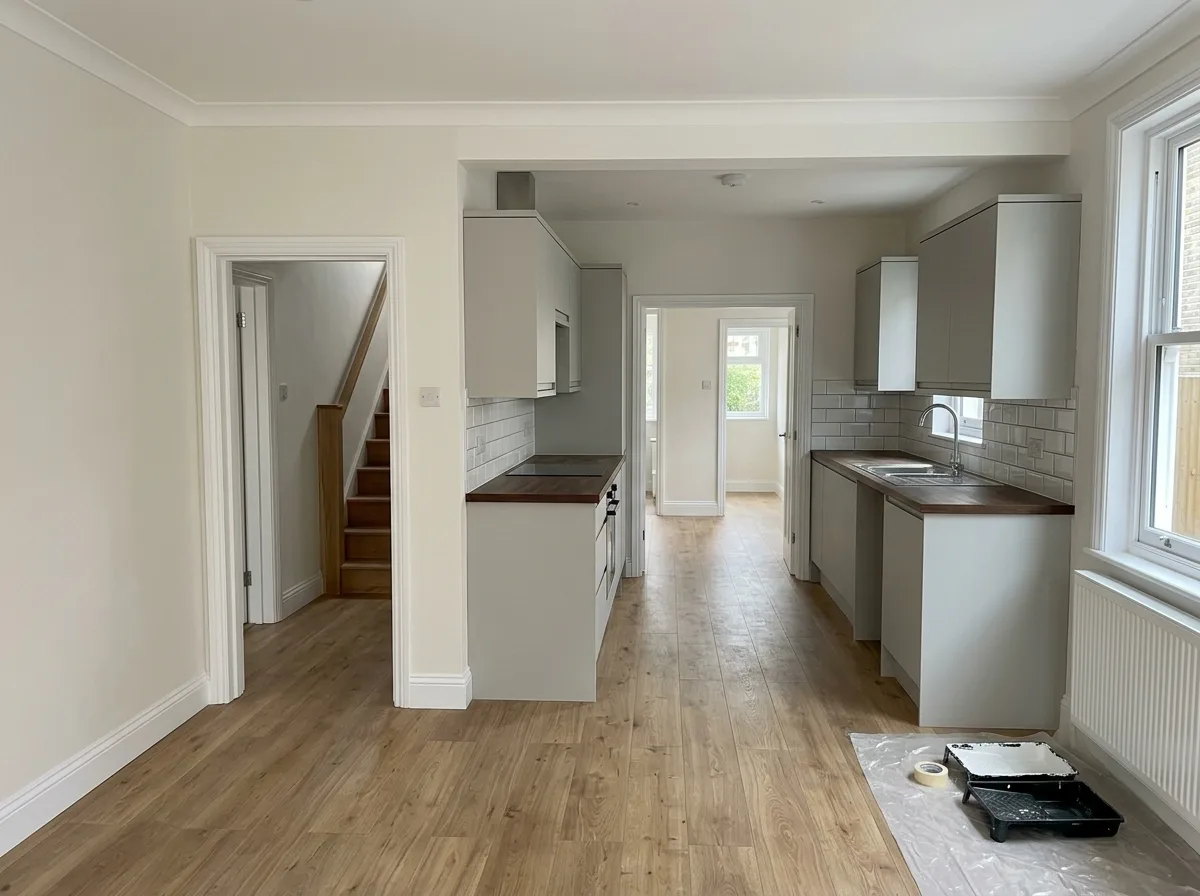 Modern fitted kitchen with grey cabinetry, white subway tiles, dark wood countertops and new wooden flooring