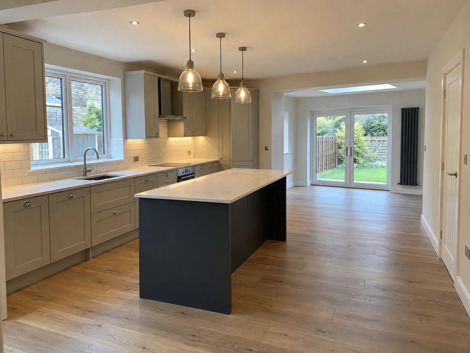 Modern fitted kitchen with bespoke cabinetry, black island unit, pendant lights, tile splashback and garden patio doors