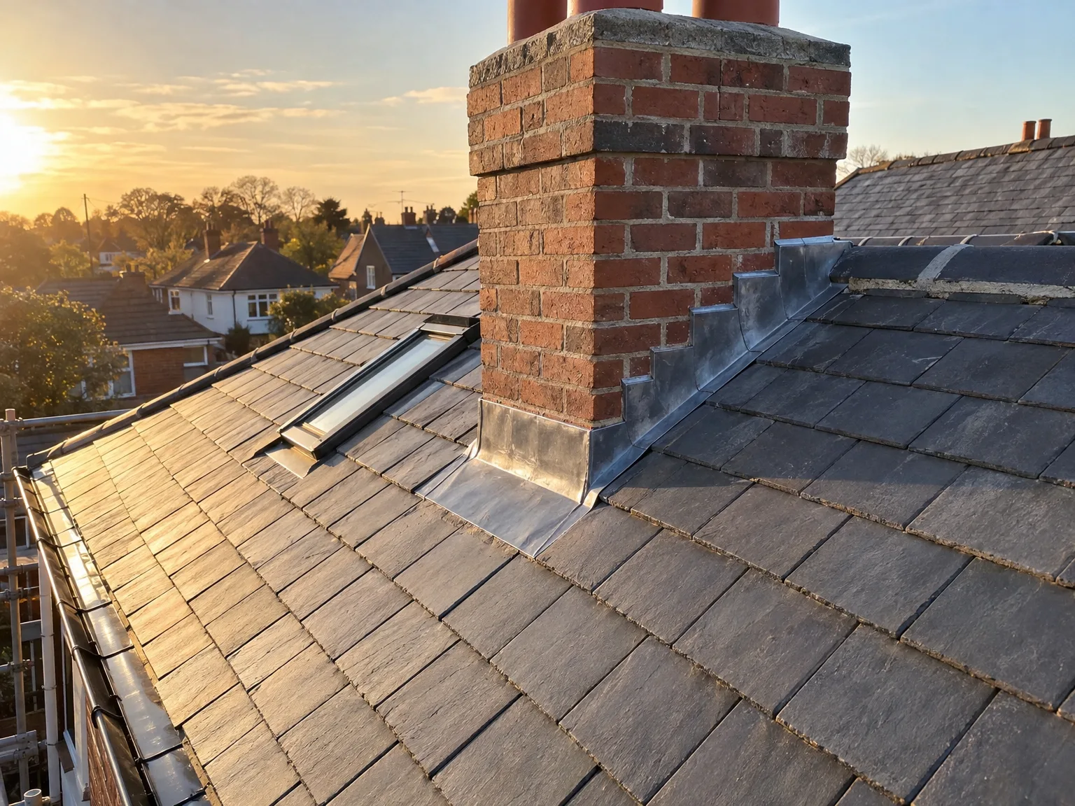 Roof with new slate tiles and brick chimney during professional roofing replacement work