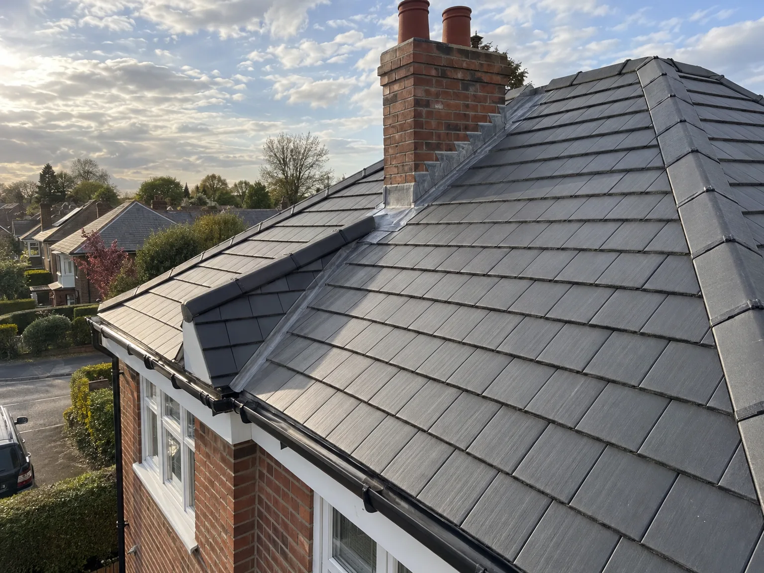Completed roof replacement with slate grey tiles and double brick chimney stack on residential home