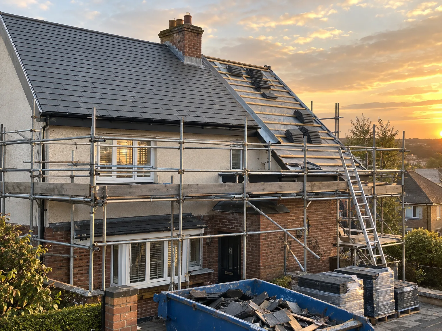 Roof replacement on period property with new slate tiles installation, scaffolding surrounding home