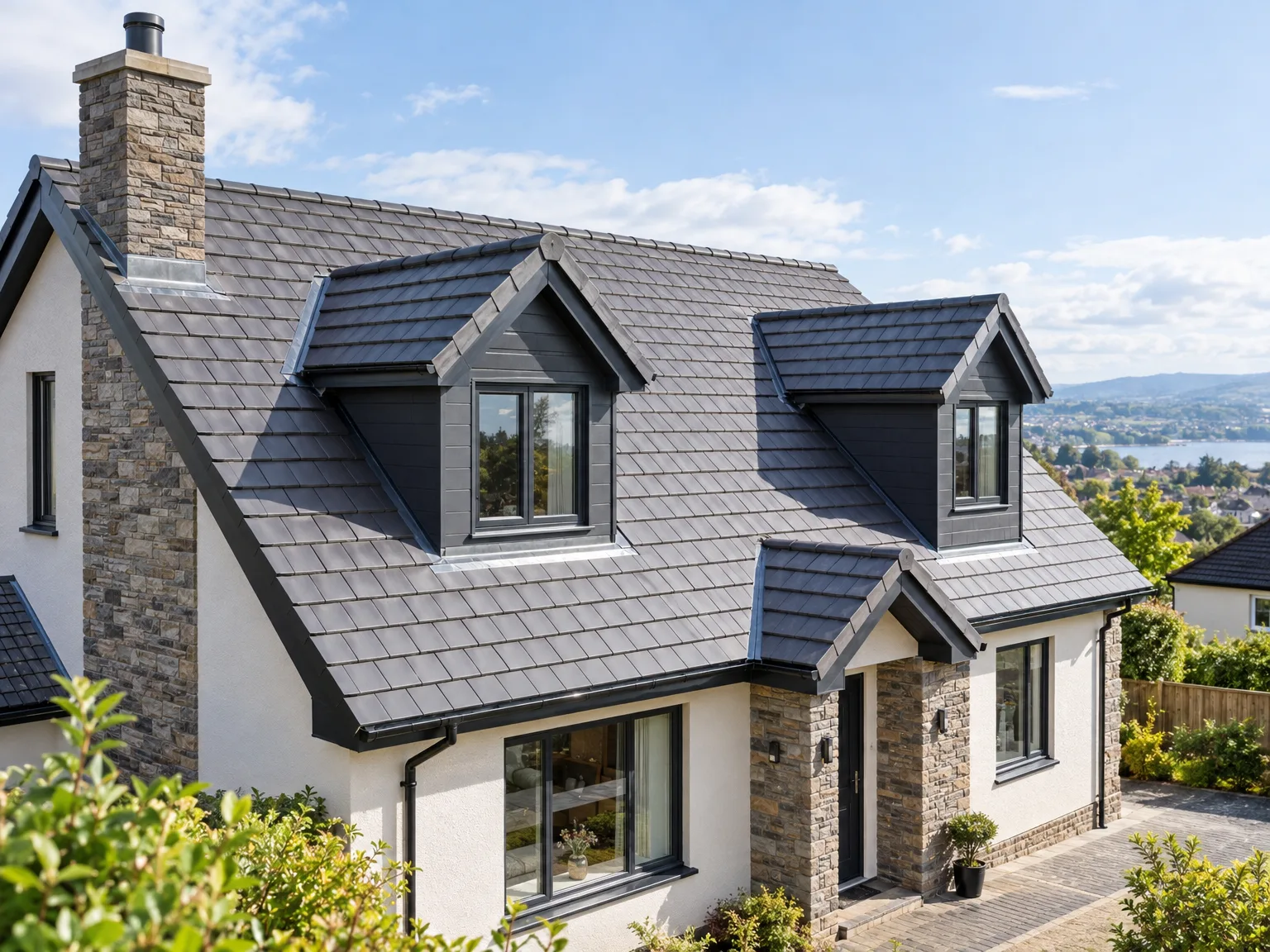 Completed dormer loft conversion with slate tiles, double windows and stone-rendered exterior