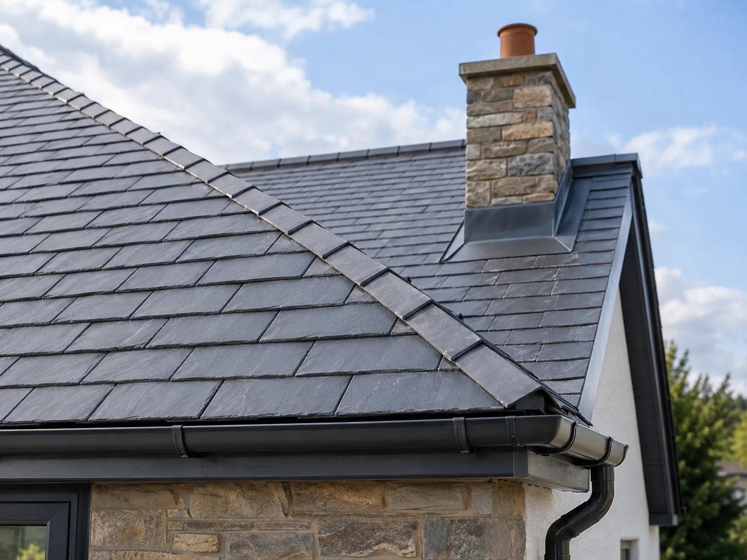 Dark slate roof with stone chimney, dormer window and black guttering