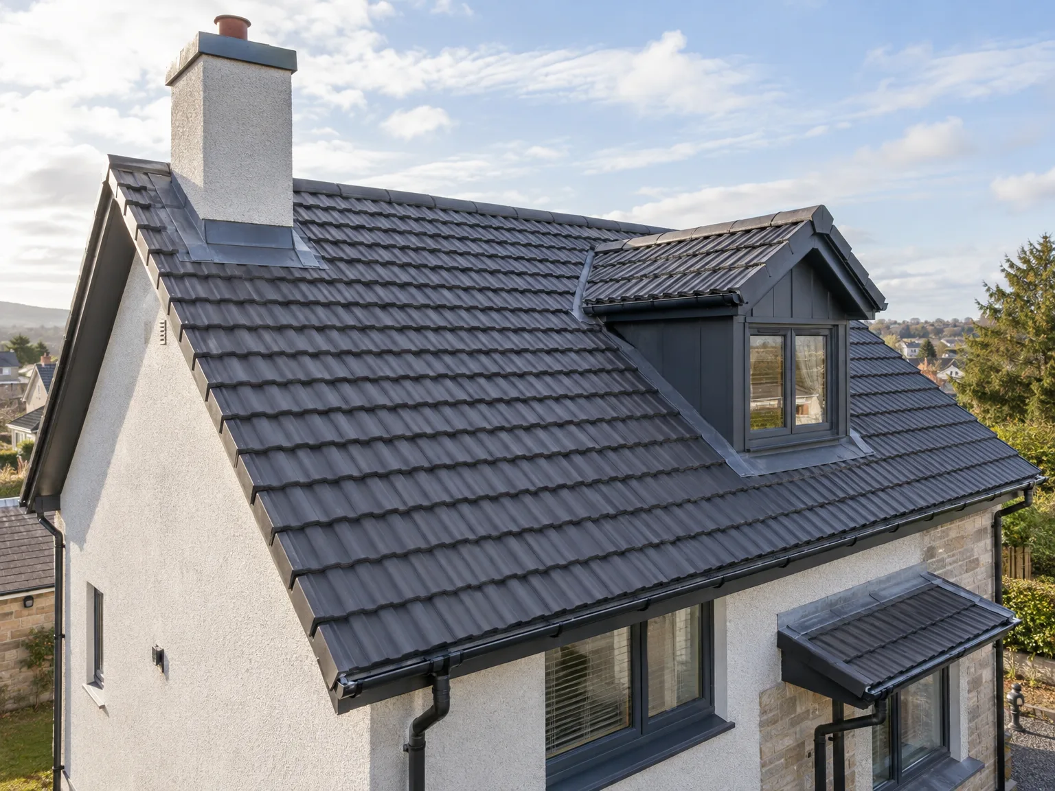 Roof replacement with dark slate tiles and dormer loft conversion window on renovated house