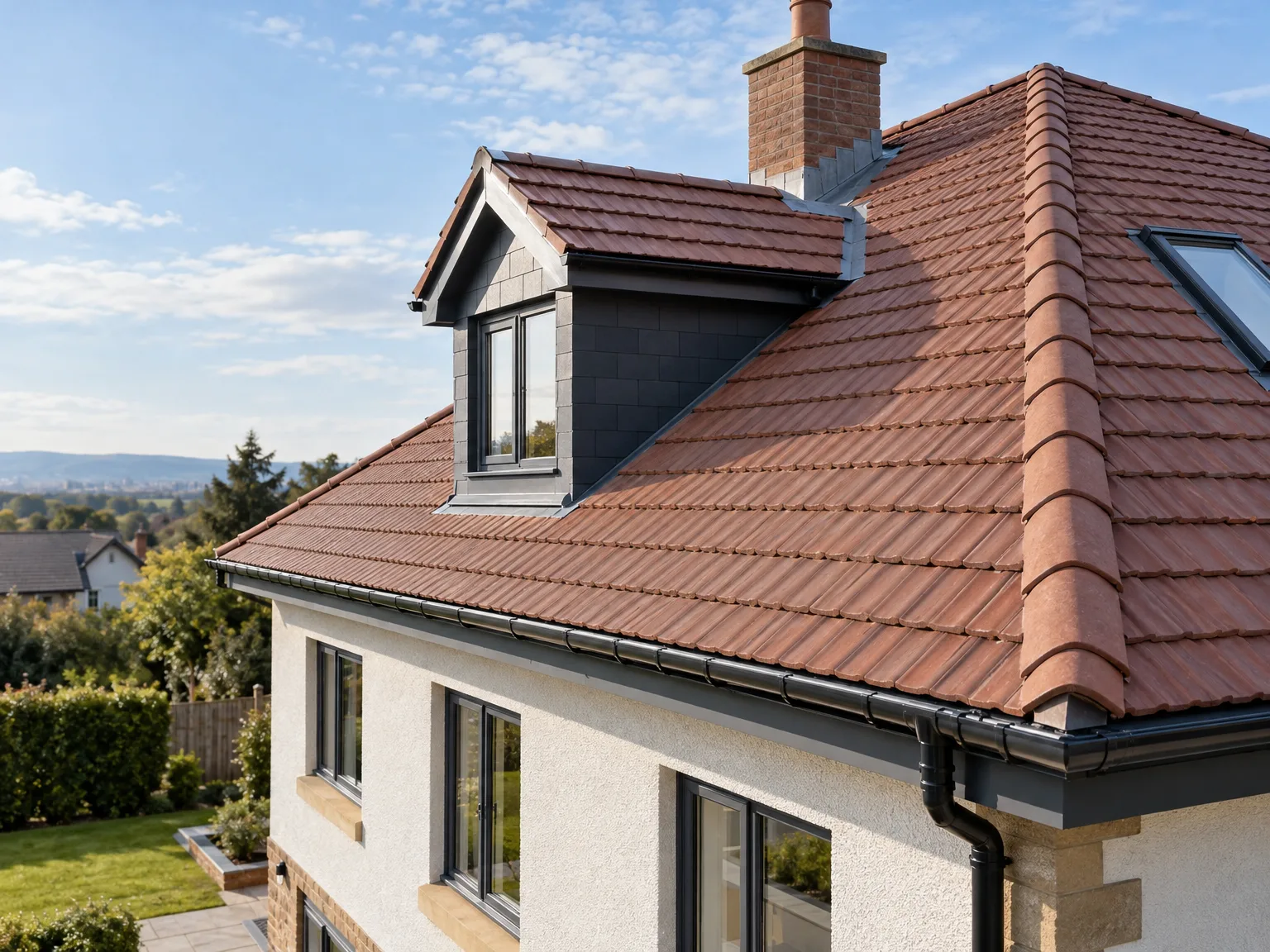 Roof replacement with clay tiles, dormer loft conversion window and white rendered exterior walls