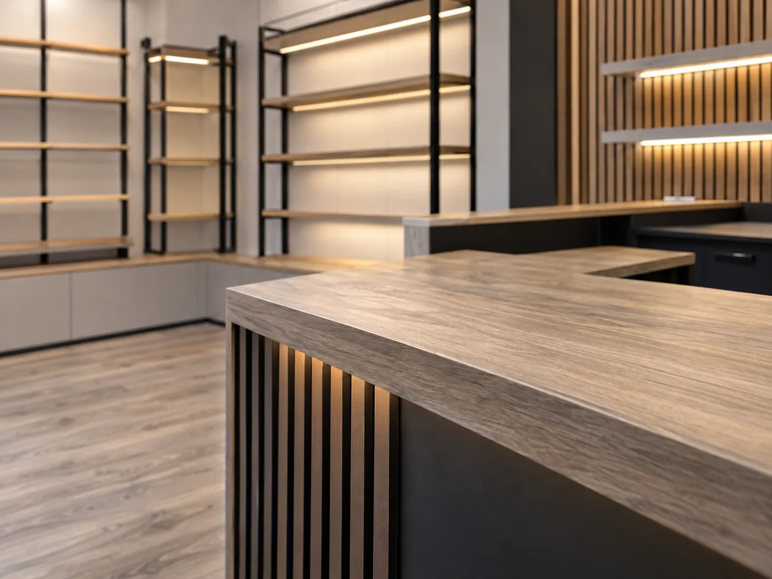 Bespoke wooden kitchen counter with decorative timber slats and illuminated shelving with LED accent lighting