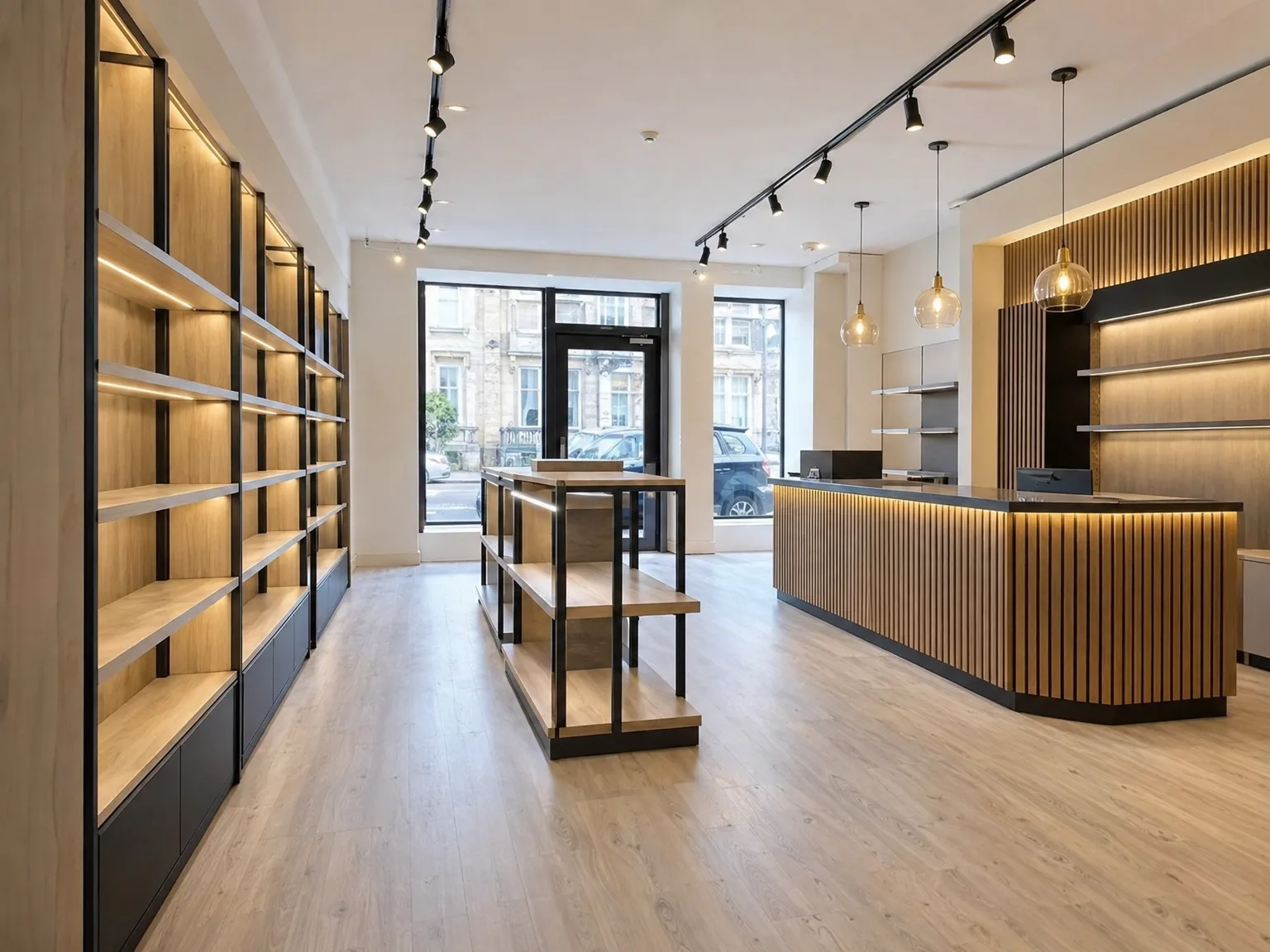 Modern commercial interior with bespoke joinery, fitted furniture and integrated LED lighting throughout