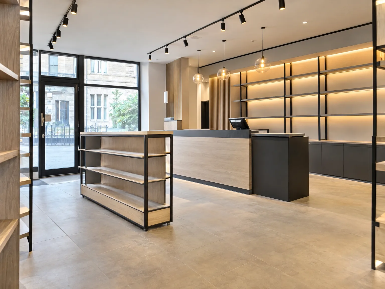 Modern commercial interior with illuminated display shelving, reception desk, and professional lighting in fitted retail space
