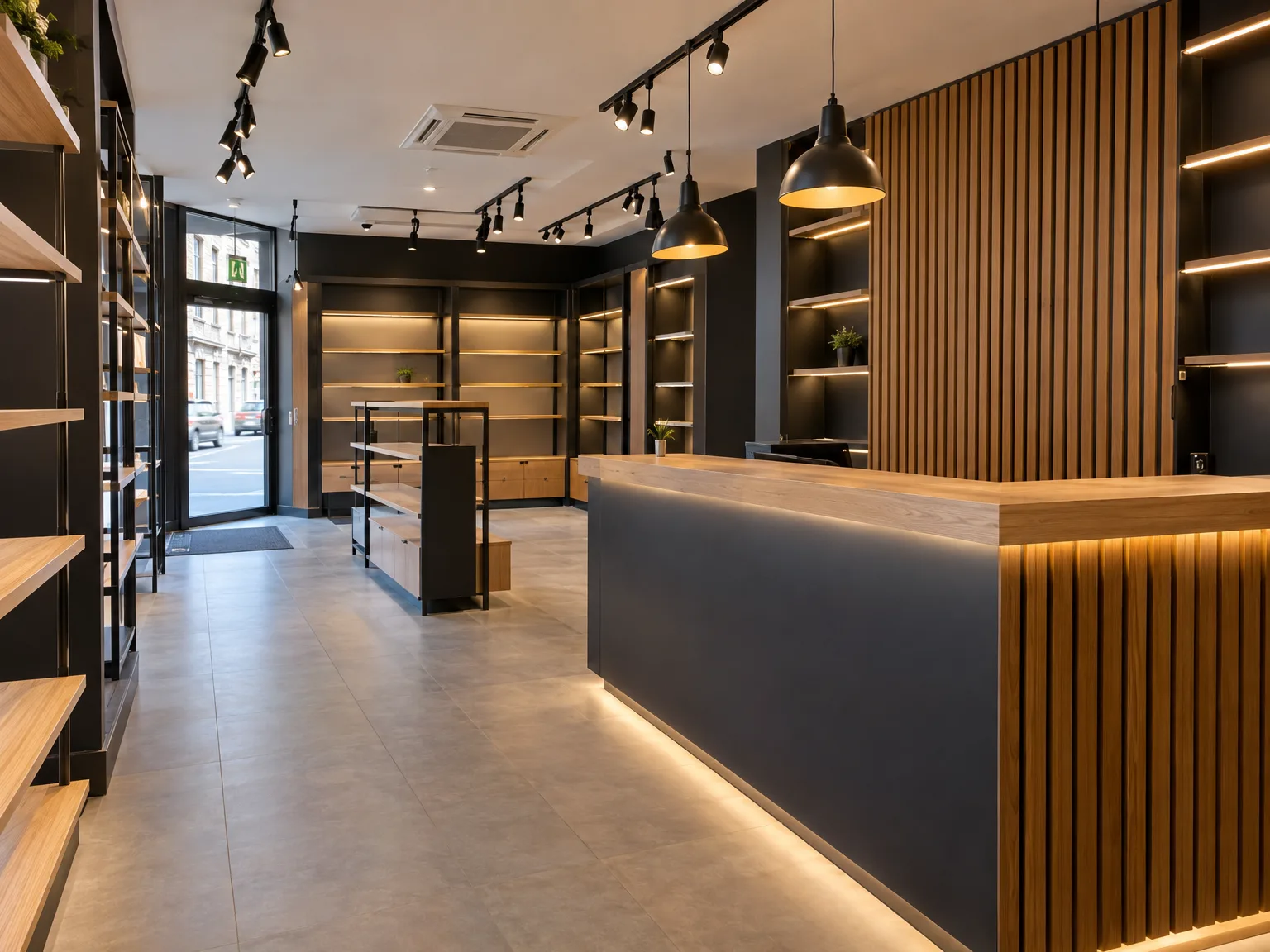 Commercial fit out featuring modern reception desk with bespoke joinery, LED track lighting and illuminated timber wall panelling
