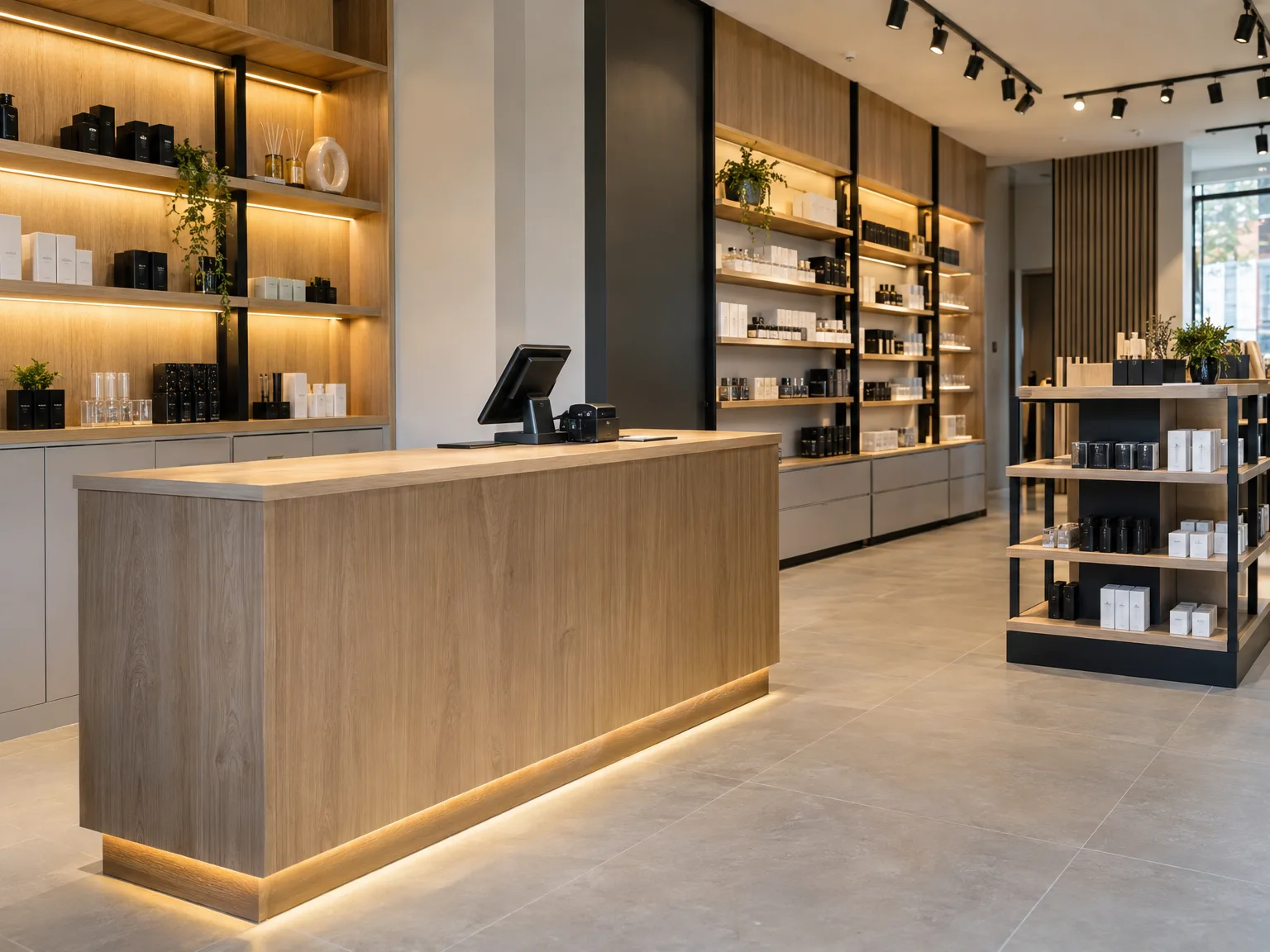 Contemporary bespoke wooden counter with integrated LED lighting and wall shelving units