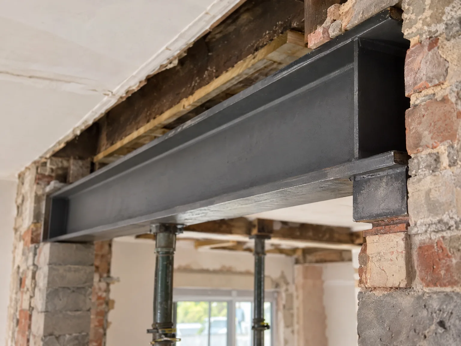 Black steel beam installed across brick wall opening with temporary support posts during renovation work