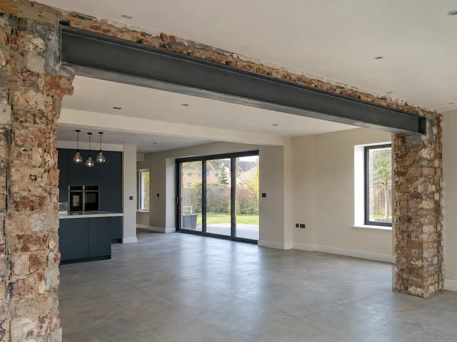 Modern house extension open-plan space with exposed brick support columns, fitted dark kitchen and garden patio doors