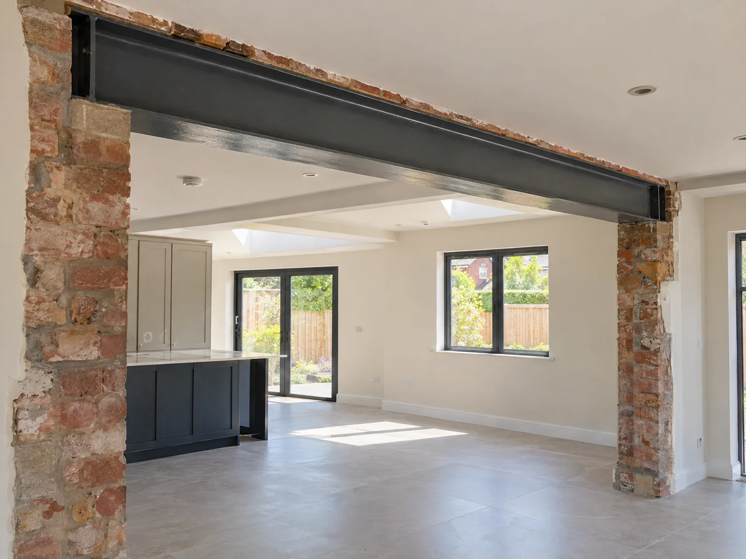 Open-plan kitchen and living area with exposed brick pillars, steel support beam and black cabinetry after house renovation