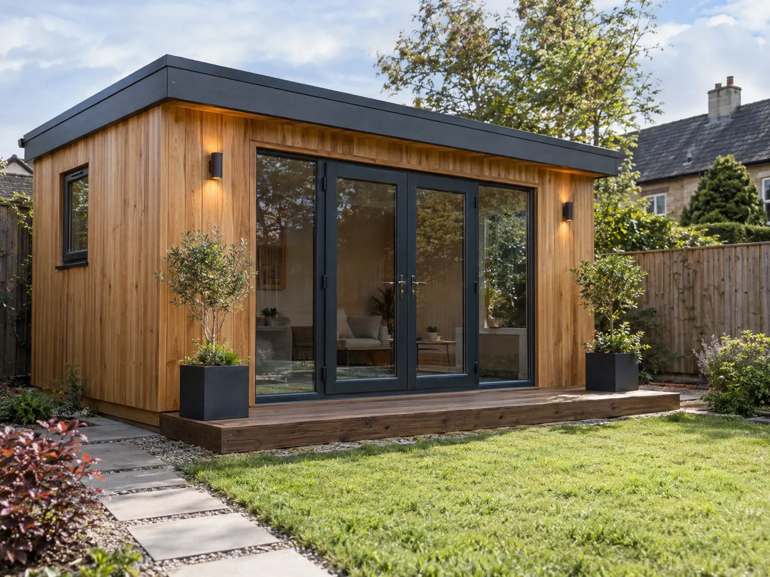 Contemporary garden room with natural wooden cladding, black-framed glazing and timber decking in residential garden