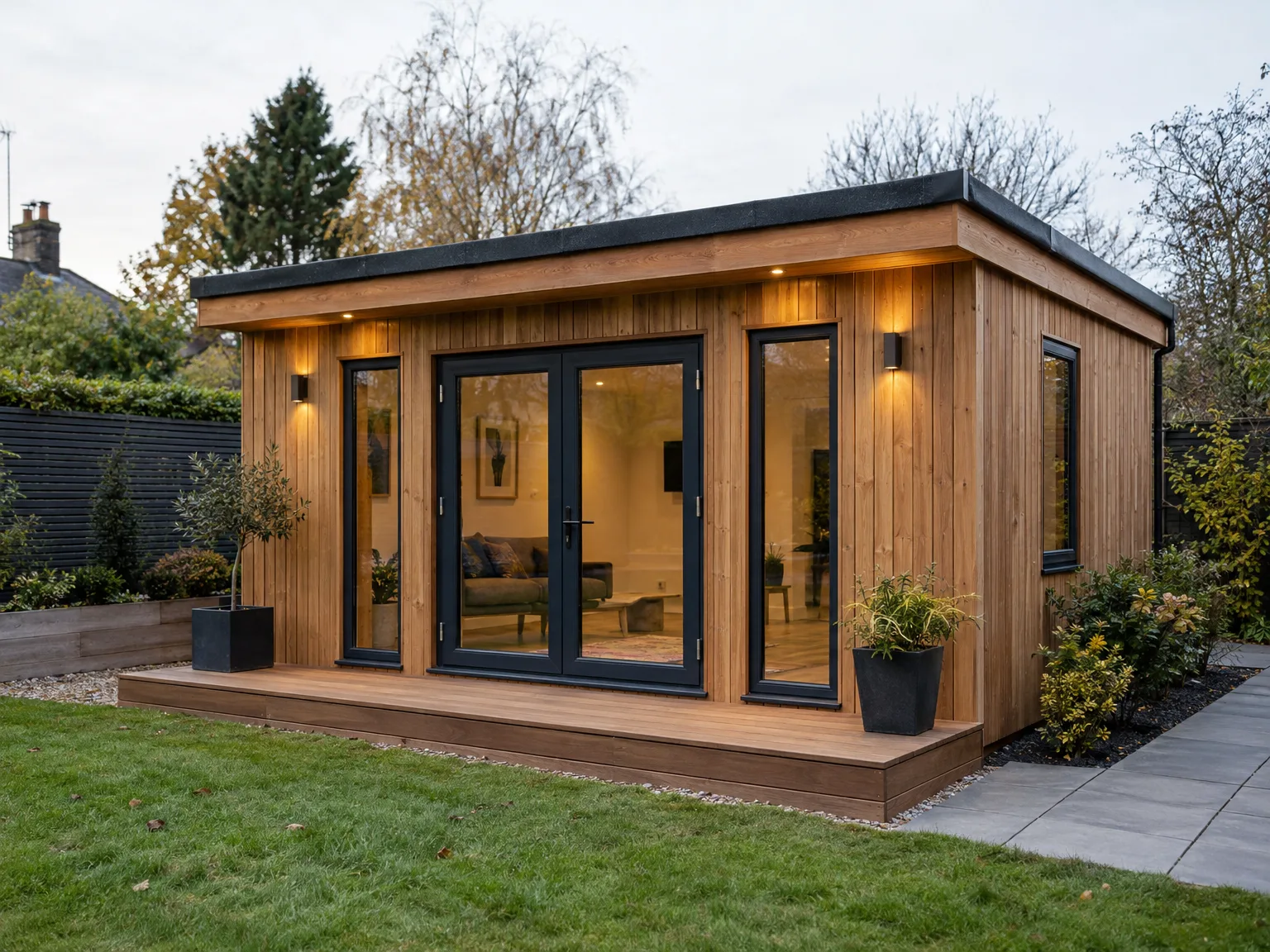 Contemporary timber-clad garden room with glazed doors and warm interior lighting