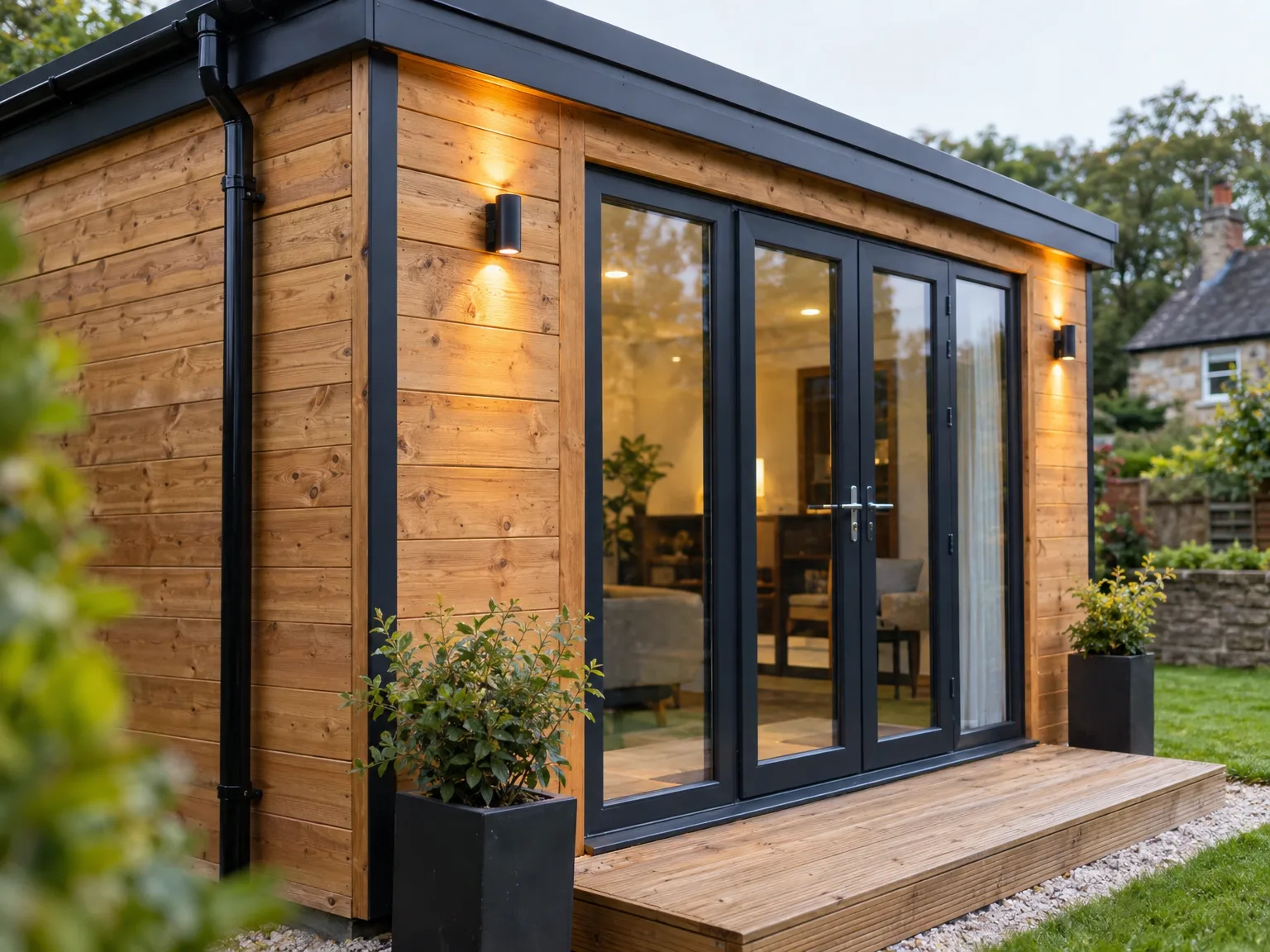 Modern garden room with timber cladding, black framed sliding doors and wooden deck