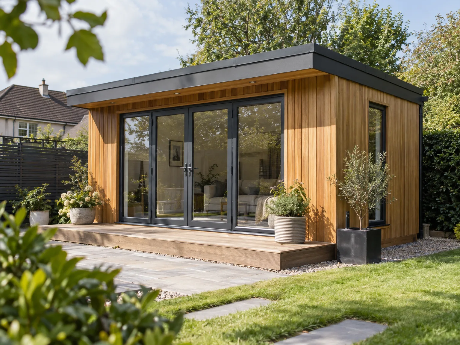 Modern timber garden room with extensive black-framed glazing, wooden deck terrace and landscaped surrounds