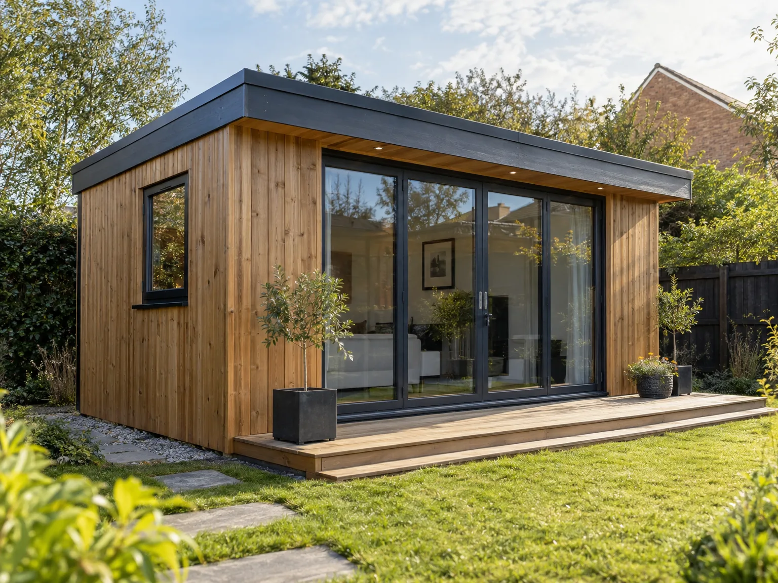 Modern timber garden room with panoramic windows and wooden decking