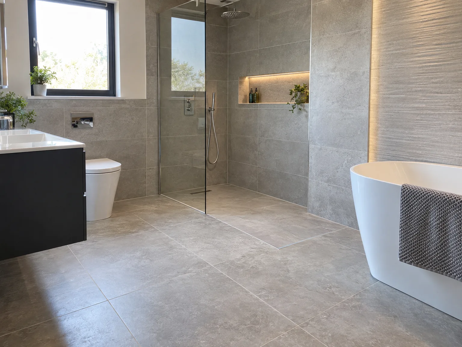 Modern fitted bathroom with freestanding bath, black vanity, walk-in shower and ceramic tiling throughout