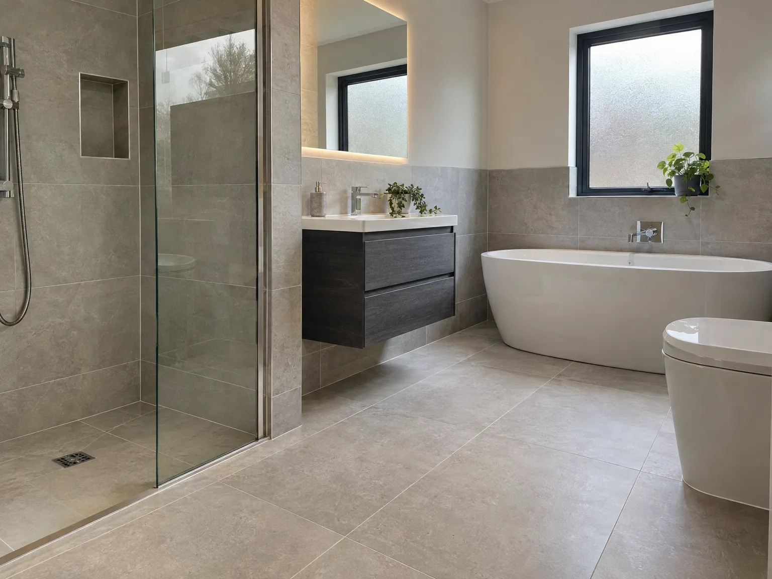 Modern bathroom featuring glass shower enclosure, dark vanity unit, white freestanding bath, and contemporary tiling throughout with natural light