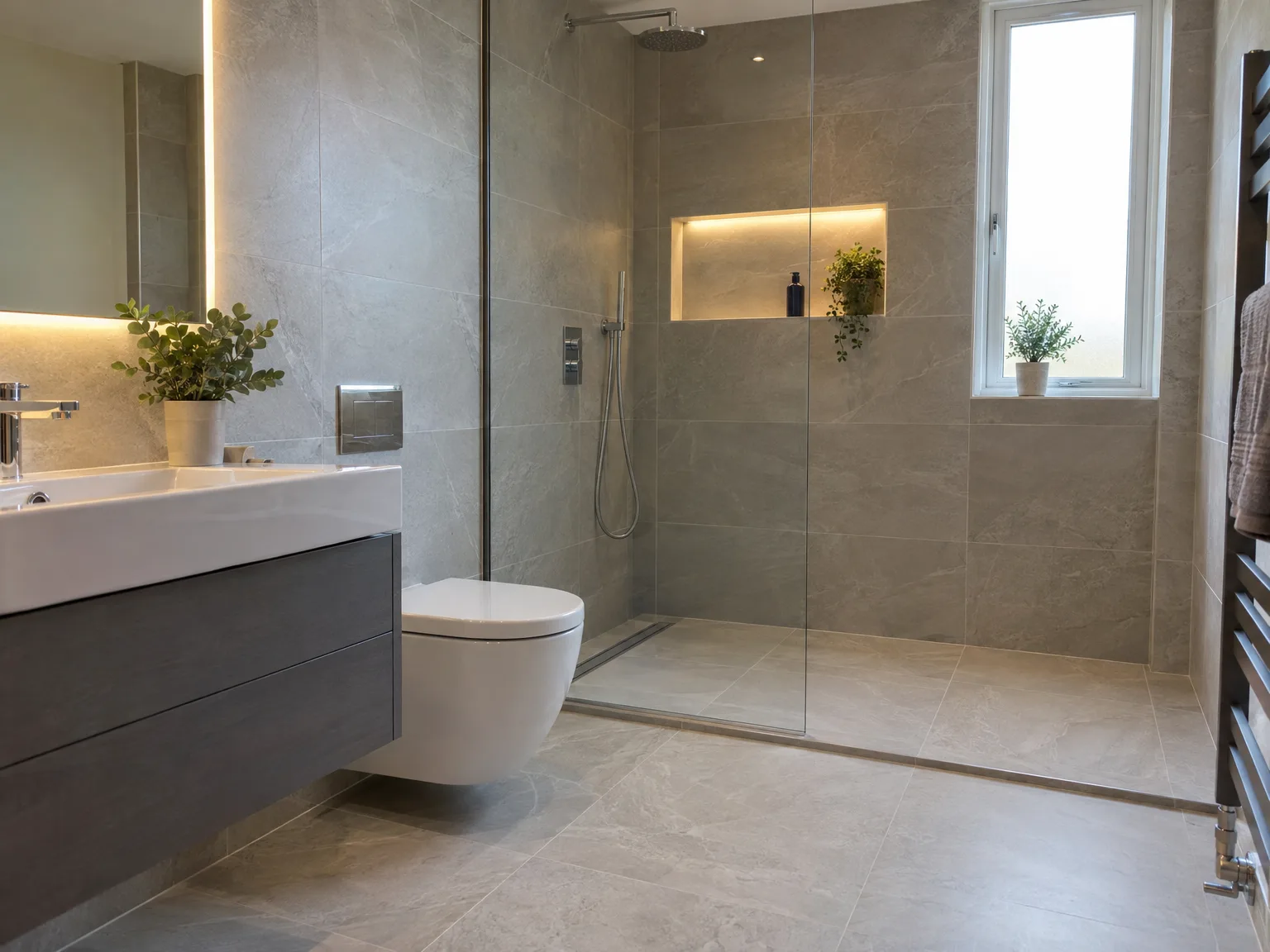 Modern bathroom with frameless walk-in shower, white vanity, and LED lighting throughout