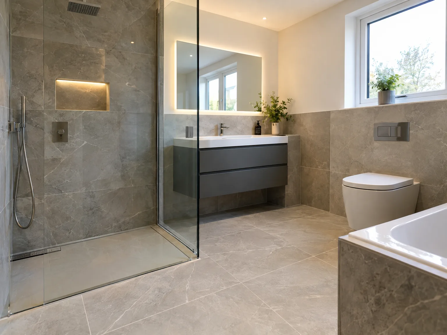 Contemporary bathroom with walk-in shower enclosure, dark vanity, and white bathtub installation