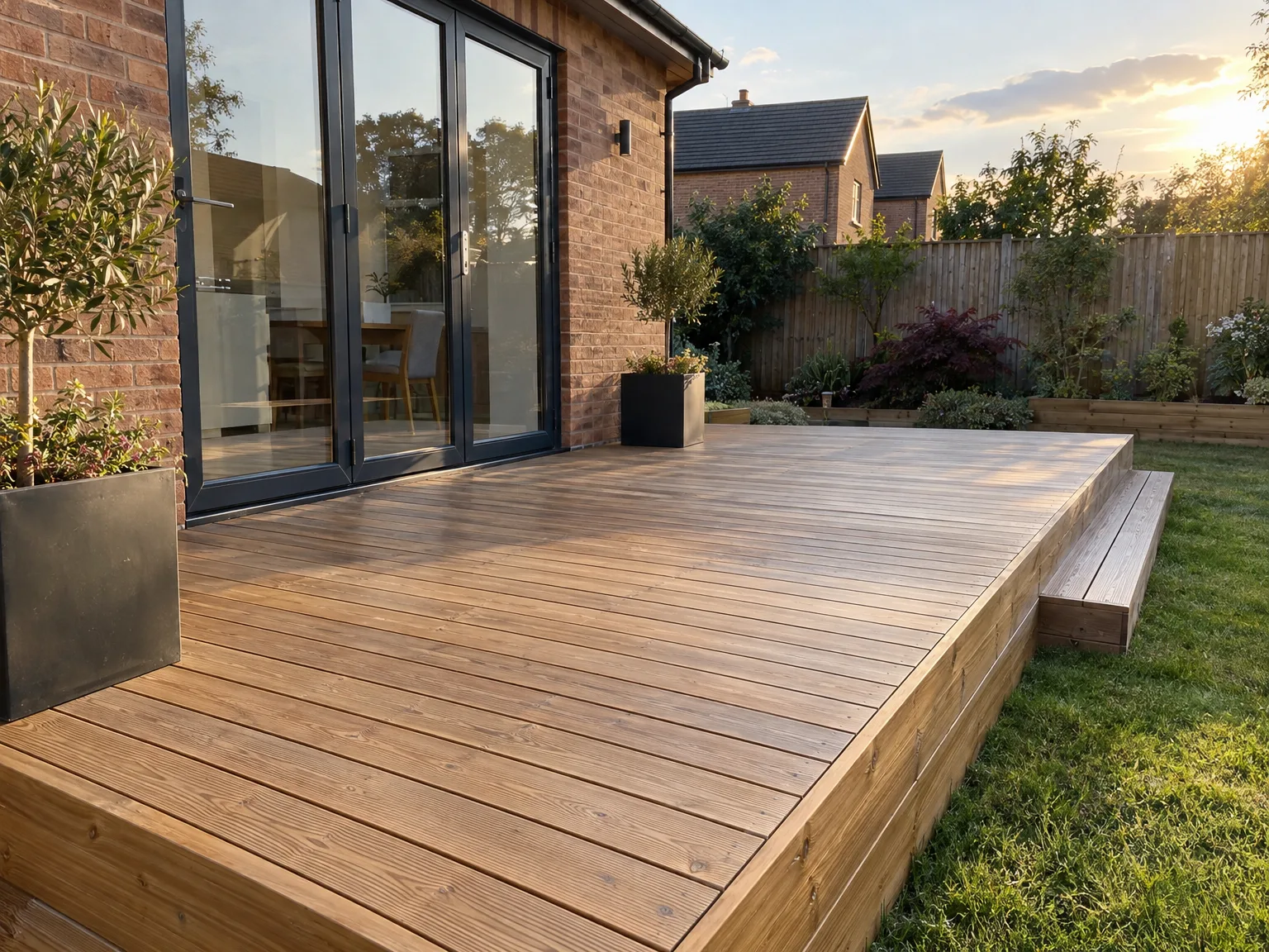 Professional timber decking with integrated bench beside modern brick home and wooden garden fencing